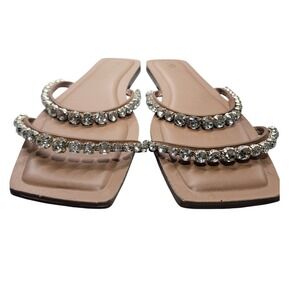 Zara 39 Rhinestone Embellished‎ Strappy Square Toe Slides Flat Sandals #364